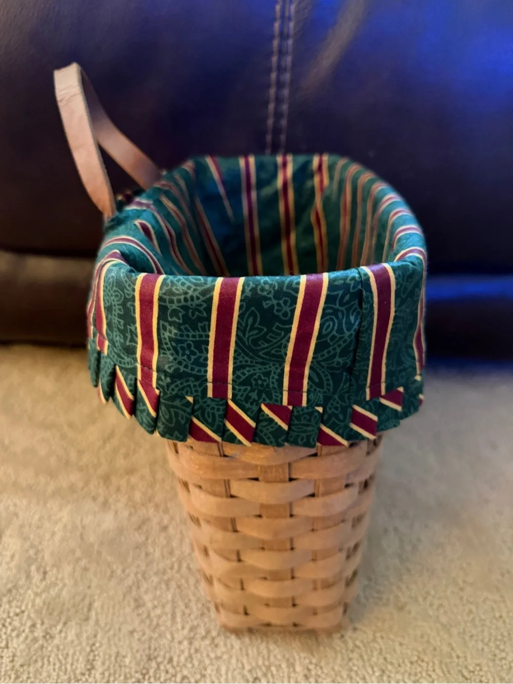 Longaberger Basket with Green and Burgundy Striped Liner
